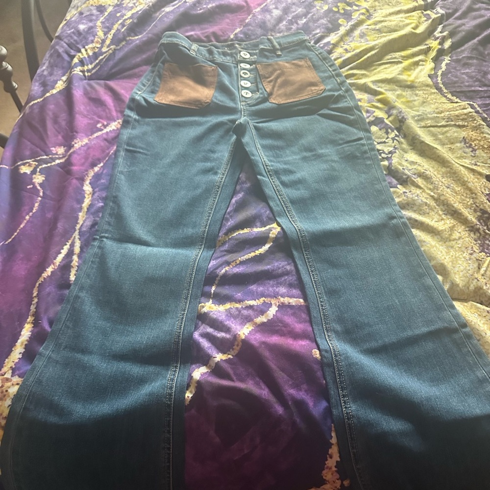 Ramy Brook Blue Flare Jeans with Brown Pockets